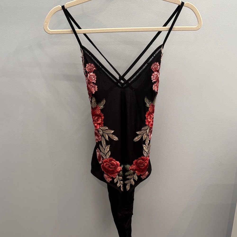 Floral Embroidered Black Bodysuit